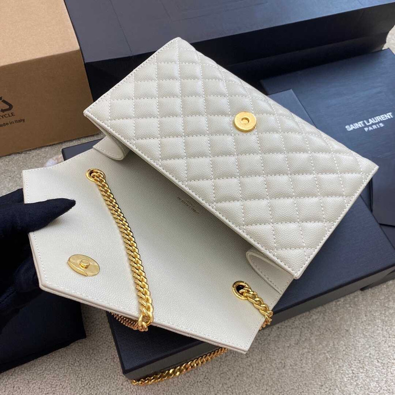 Saint Laurent Envelope Small In Quilted Grain De Pouder Embossed Leather Flap Blanc Vintage