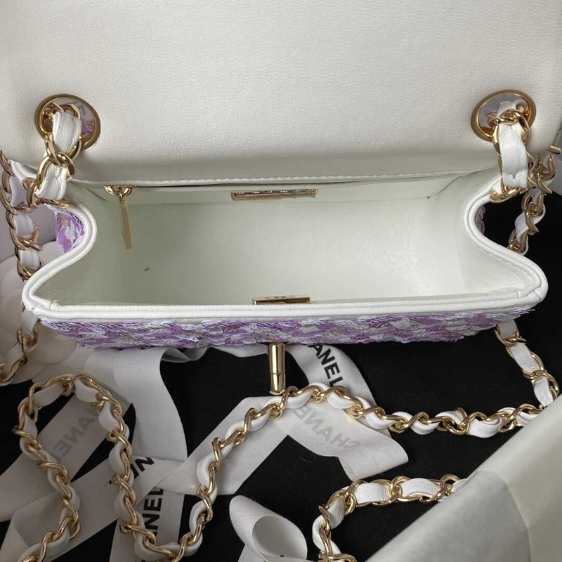 Ch*el mini flap bag embroidered satin, sequins, glass beads, strass, star sequins & gold-tone metal purple & white