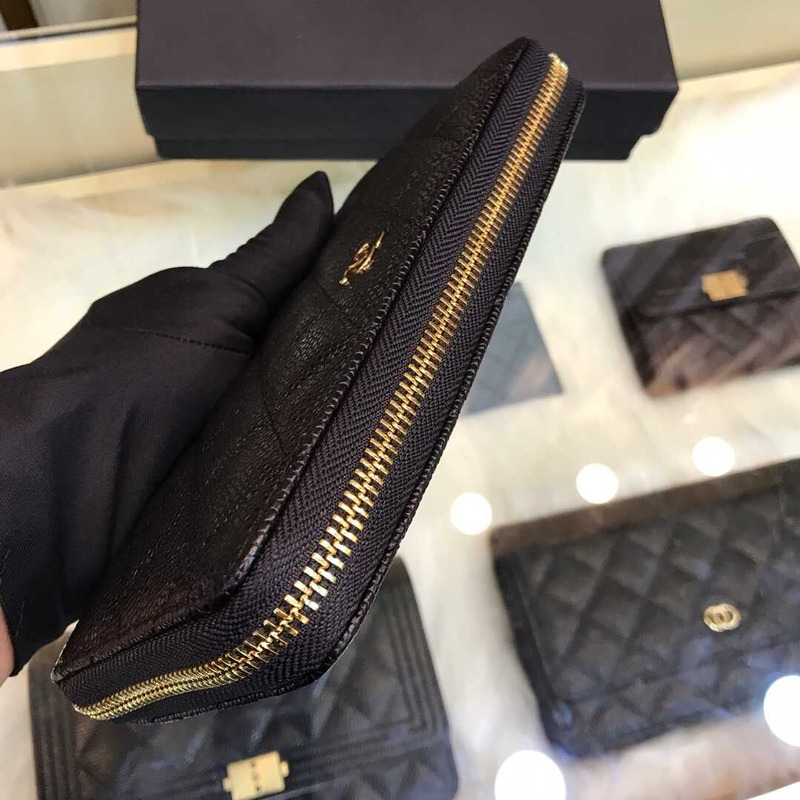 Ch*el gusset zip around wallet quilted caviar golden-tone large black