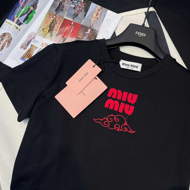 Miu Miu Embroidered Cotton T-shirt Black
