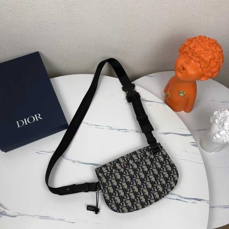 D*or saddle messenger bag beige and black oblique printed fabric and black grained cowhide leather