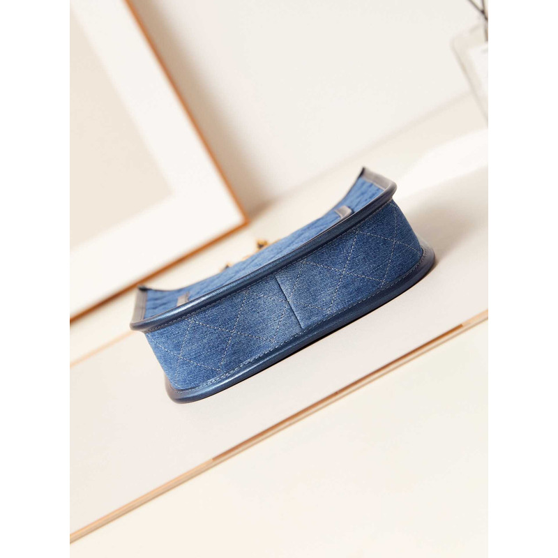 Ch*el hobo handbag washed denim & gold-tone metal blue