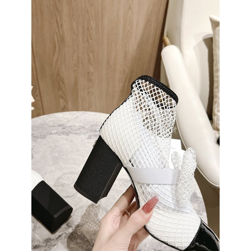 Ch*el white mesh preowned slip on bow ankle boots
