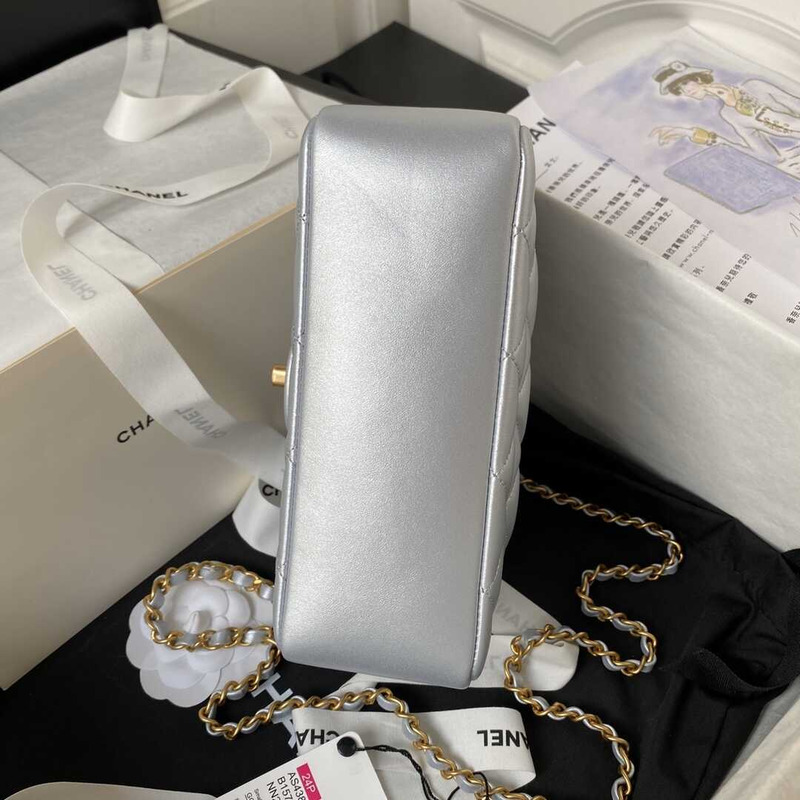 Ch*el mini flap bag shiny lambskin, imitation pearls & gold-tone metal silver