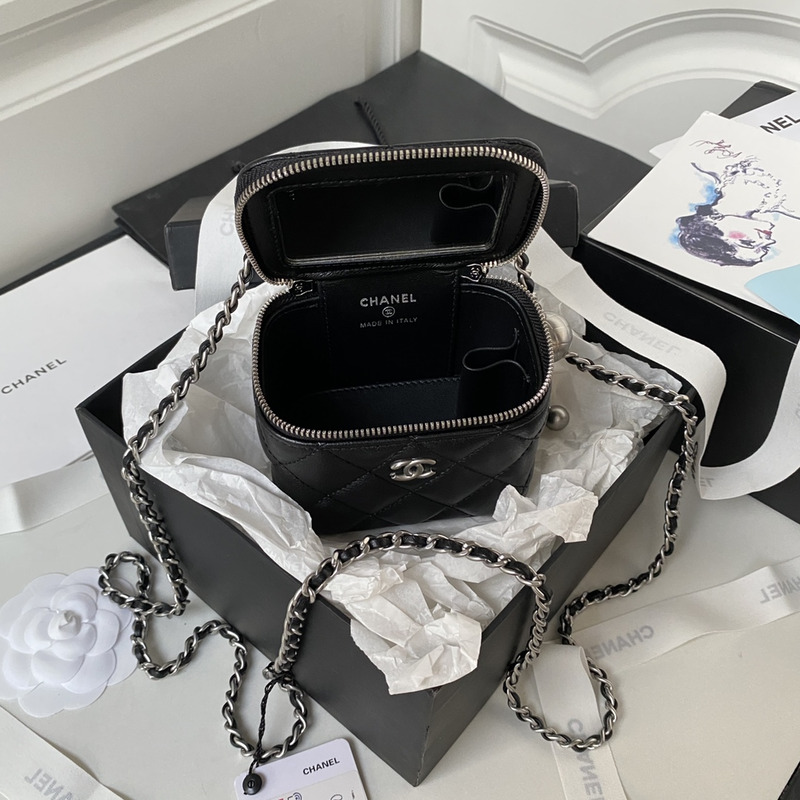 Ch*el rhombus sheepskin leather chain shoulder silver buckle chain belt shoulder bag black