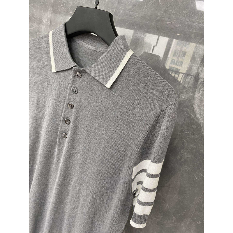 Thom Browne Cotton 4-Bar Short Sleeve Polo Gray