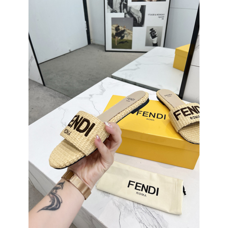 F**di signature cotton fibre slides beige