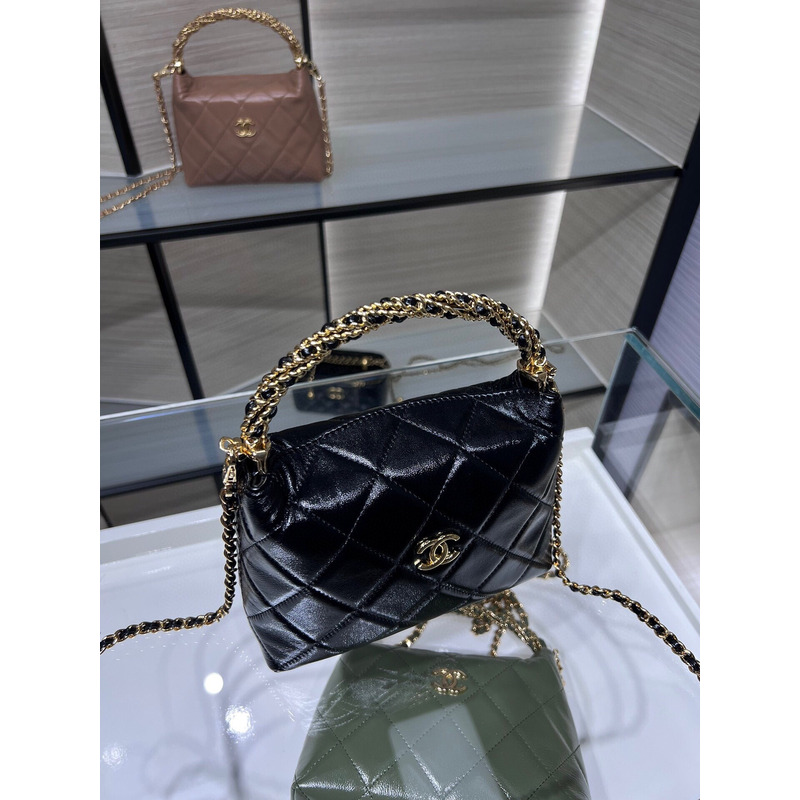 Ch*el clutch with chain shiny lambskin & gold-tone metal black