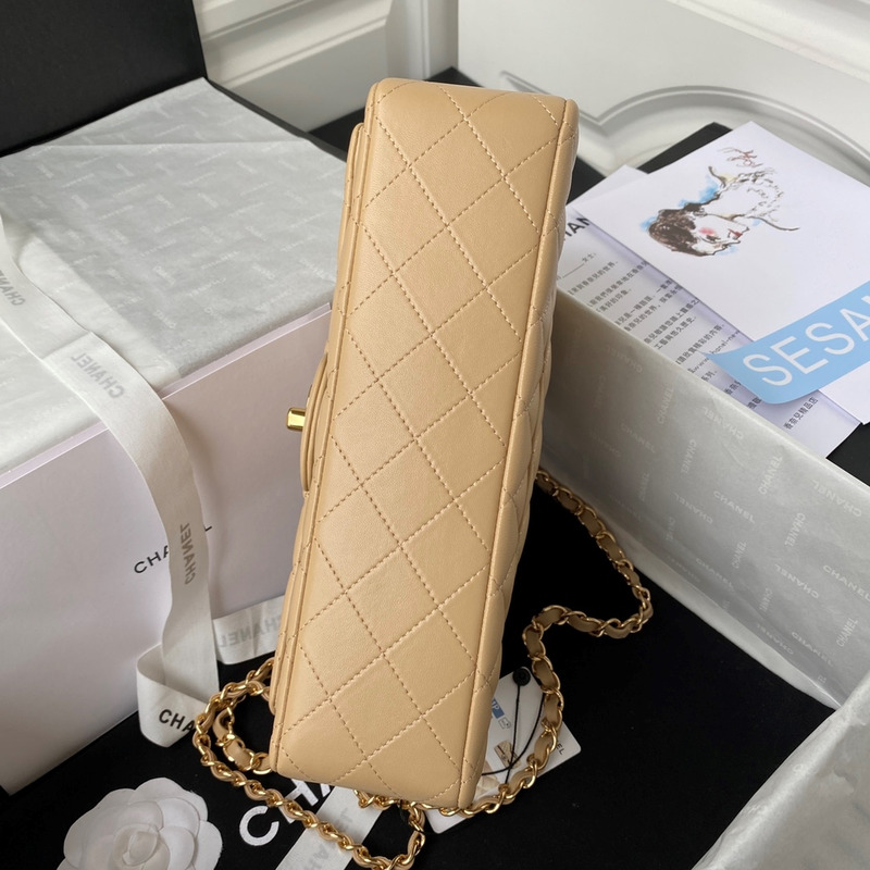 Ch*el medium lambskin gold classic flap bag beige