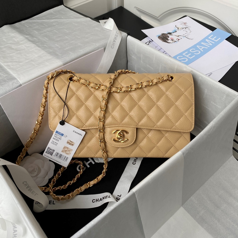 Ch*el medium caviar gold classic flap bag beige