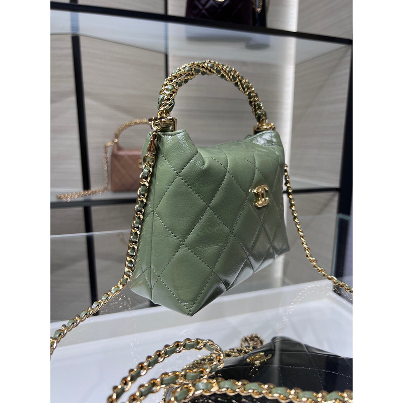 Ch*el rotating handle chain lunch box bag oil wax leather in green