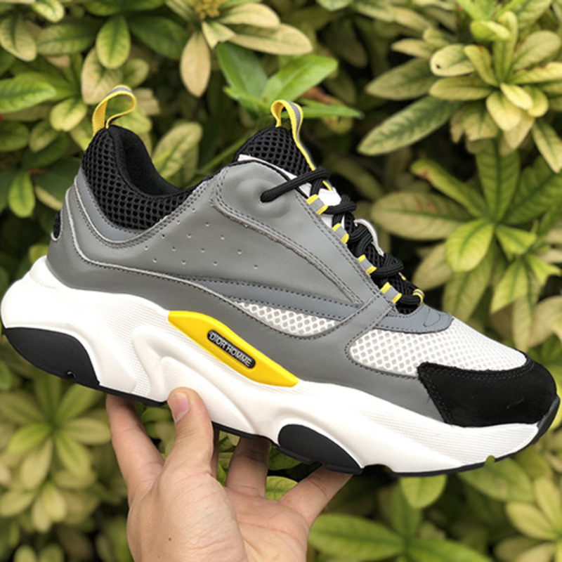 D*or "b22" trainer in grey technical knit&white&yellow-tone calfskin