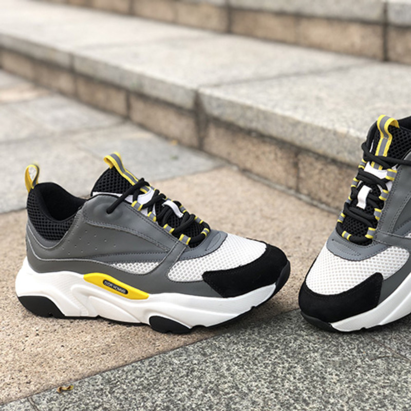 D*or "b22" trainer in grey technical knit&white&yellow-tone calfskin