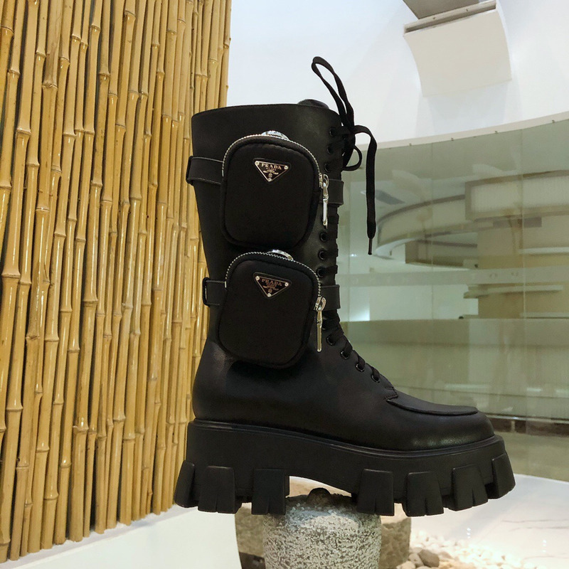 Pra*a brushed leather and technical fabric long booties