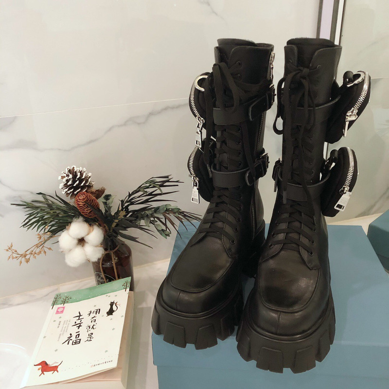 Pra*a brushed leather and technical fabric long booties